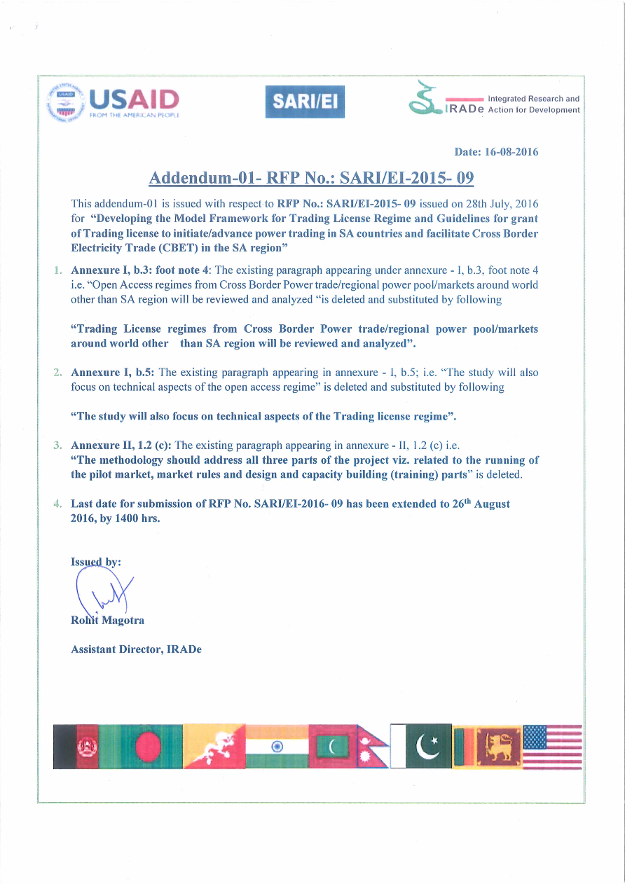 Addendum and clarification RFP-2015-09 - USAID SARI/Energy Integration