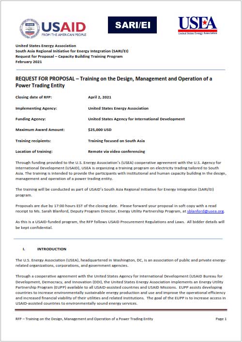 Request for proposal – Training on the design, management and operation of a power trading entity