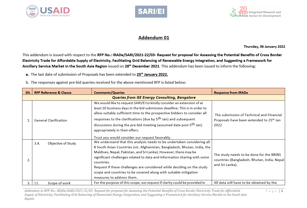 Addendum 01 for RFP No.: IRADe/SARI/2021-22/03- Request for proposal for Assessing the Potential Benefits of Cross Border Electricity Trade for Affordable Supply of Electricity, Facilitating Grid Balancing of Renewable Energy Integration, and Suggesting a Framework for Ancillary Service Market in the South Asia Region.